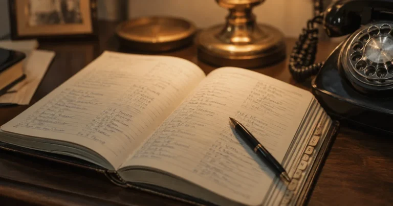 Open address book on a desk beside a rotary phone, warm lamp light