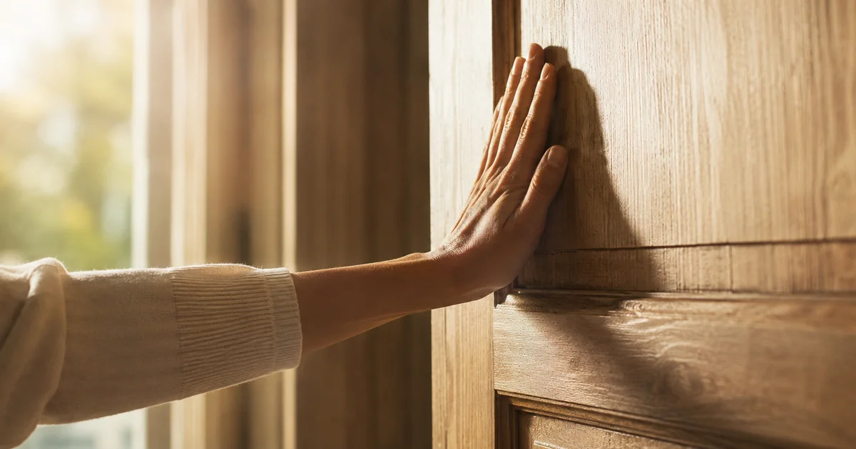 Hand resting flat against a closing door, morning light catching the wood grain