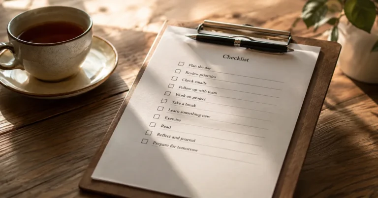 Checklist on a clipboard beside a cup of tea, soft morning light, pen clipped to the top