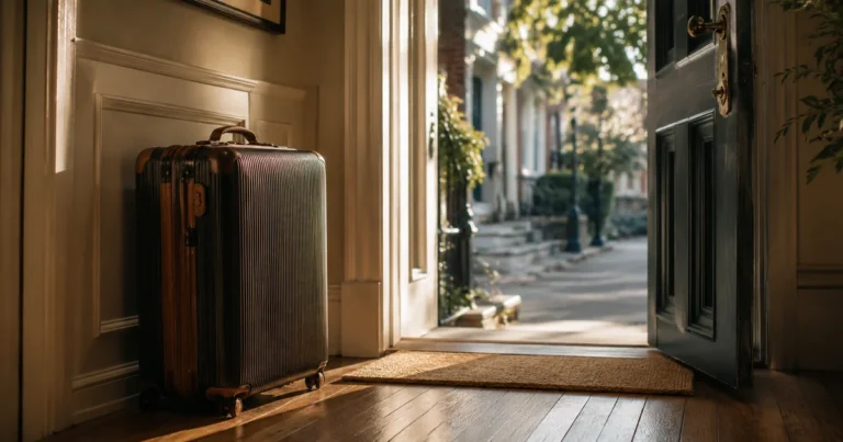 Packed suitcase beside a front door standing open toward a quiet street, morning light
