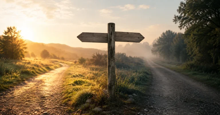 Two roads diverging at a signpost, one short and sunlit, one long and fading into mist
