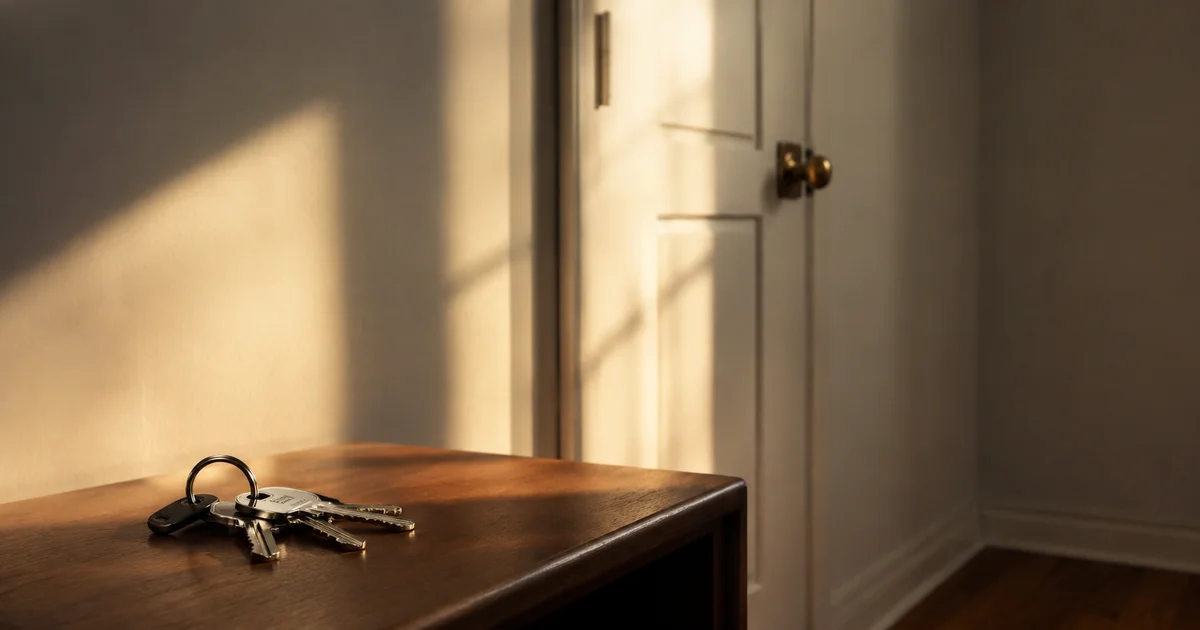 Set of keys placed gently on a table beside a closed door, warm afternoon light