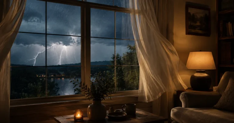 Storm visible through a window while the interior room stays calm and warmly lit