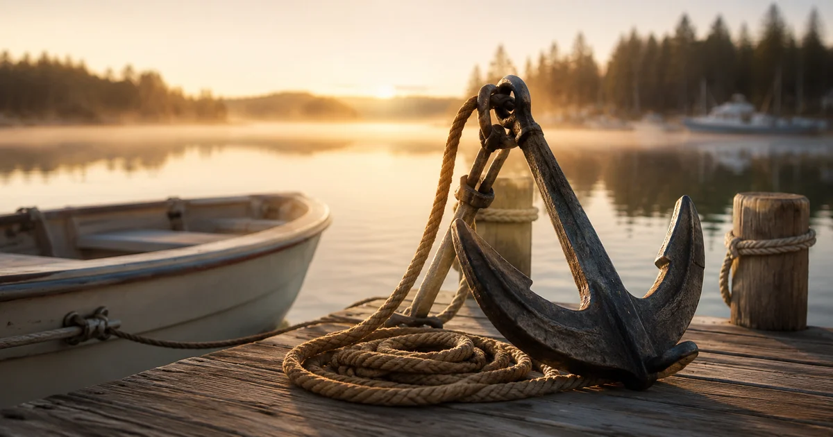 Anchor resting on a dock beside a small boat, rope loosely coiled, calm water