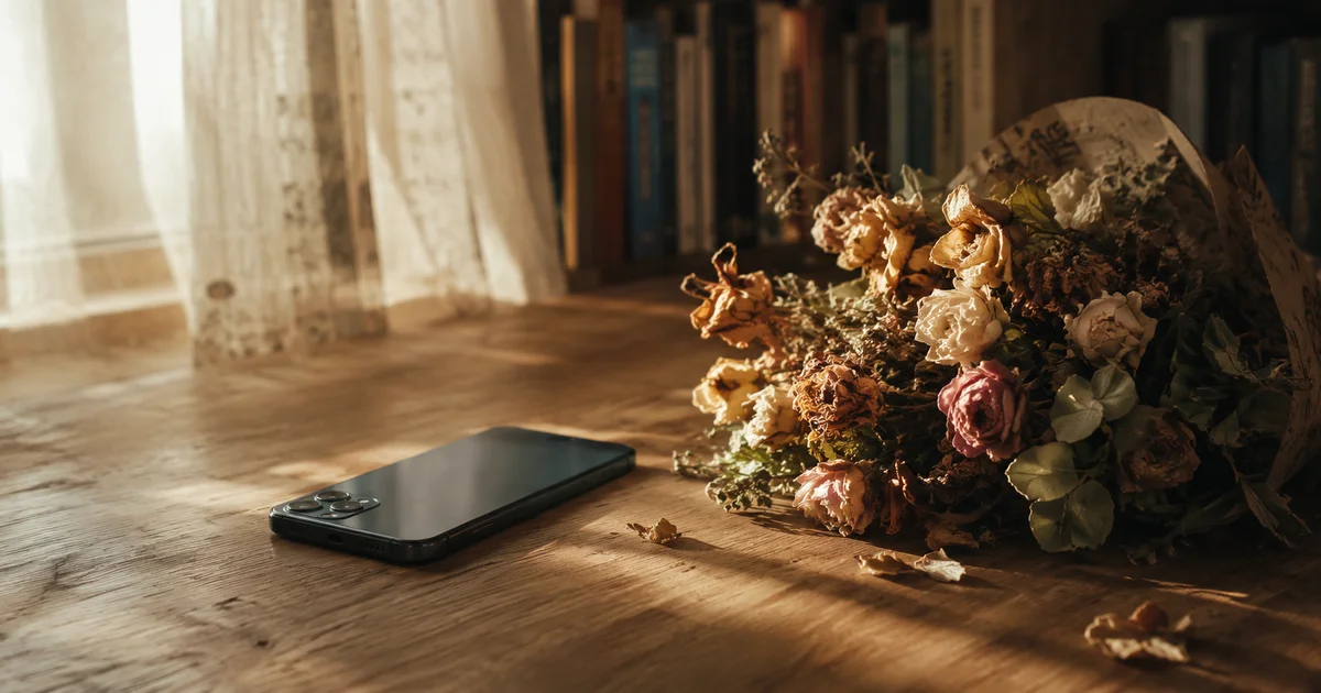 Phone lying face-down on a table beside a wilting bouquet, soft afternoon light