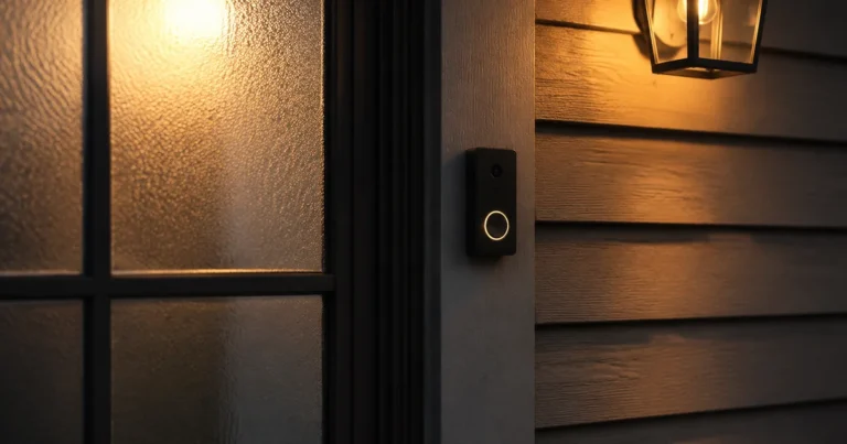 Doorbell button glowing faintly at dusk, no one visible through the frosted glass beside it