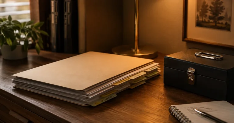 Folder of documents organized on a desk beside a small locked box, warm desk lamp light