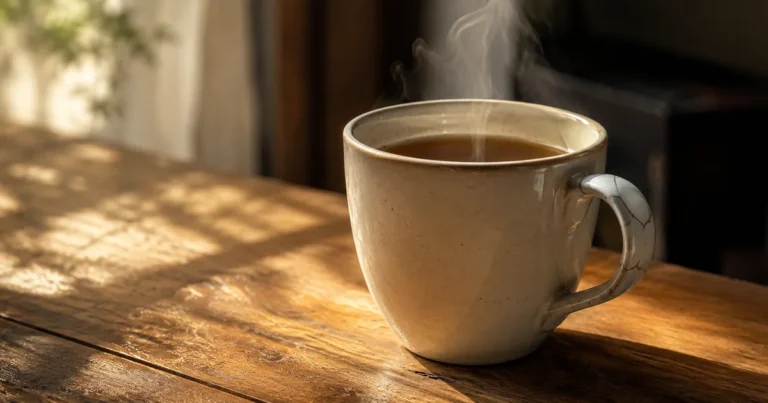 A ceramic mug with a fine hairline crack down its handle, still filled with tea, steam rising