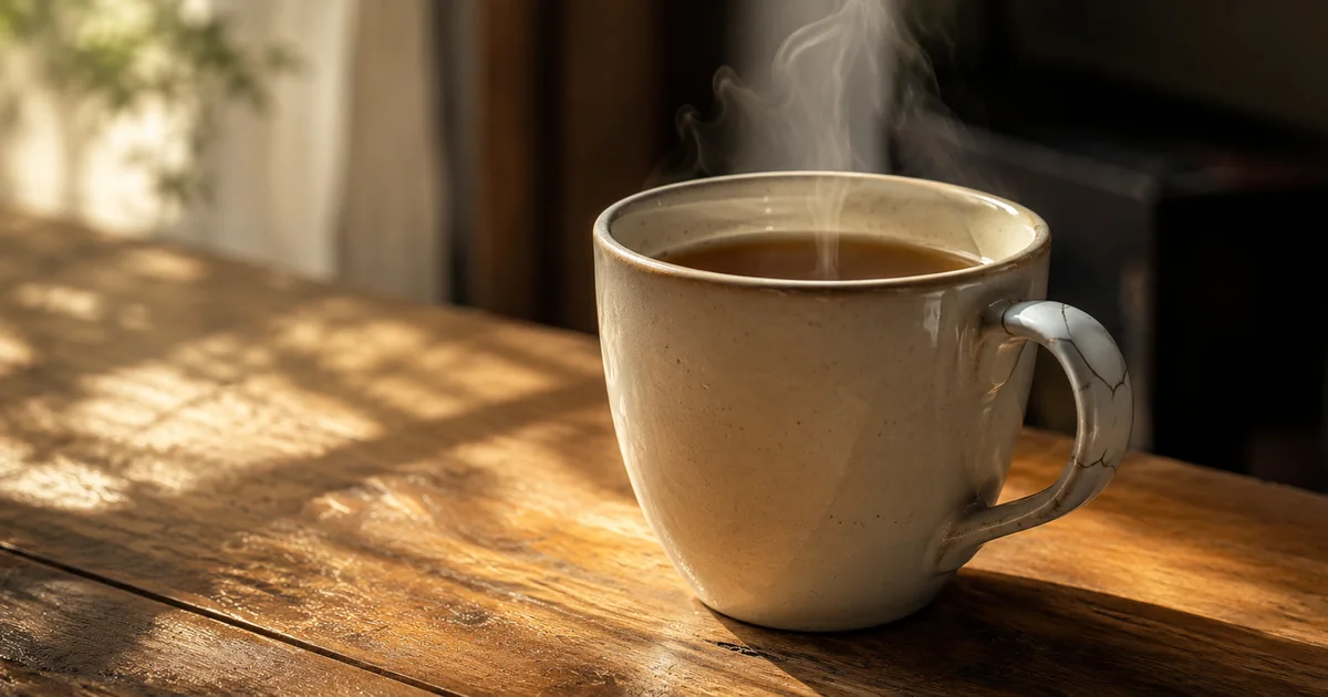 A ceramic mug with a fine hairline crack down its handle, still filled with tea, steam rising