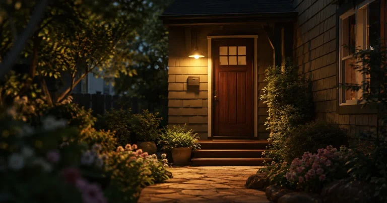 A single porch light glowing warm at dusk, seen from a garden path leading to a door