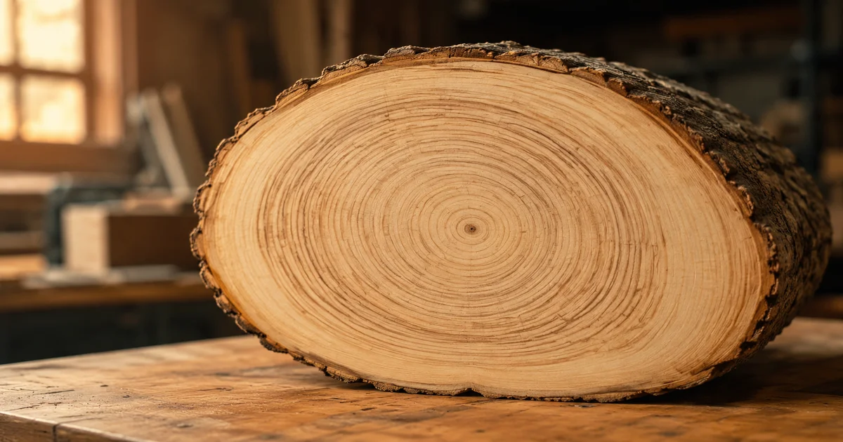 A cross-section of a cut tree log showing growth rings, one especially narrow ring near the center
