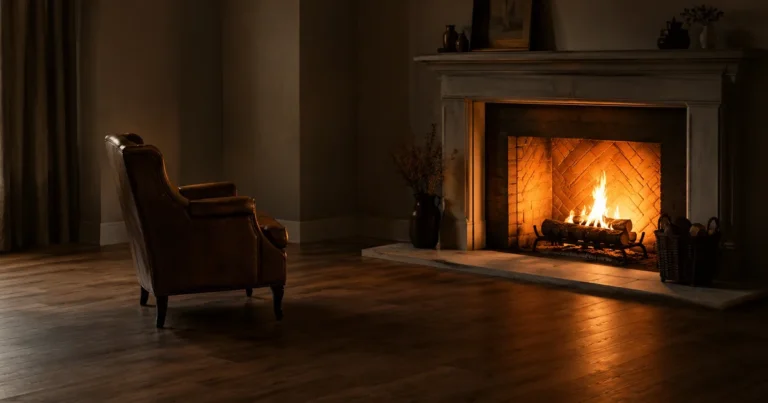 A single armchair positioned several feet back from a lit fireplace, warm glow in an empty room