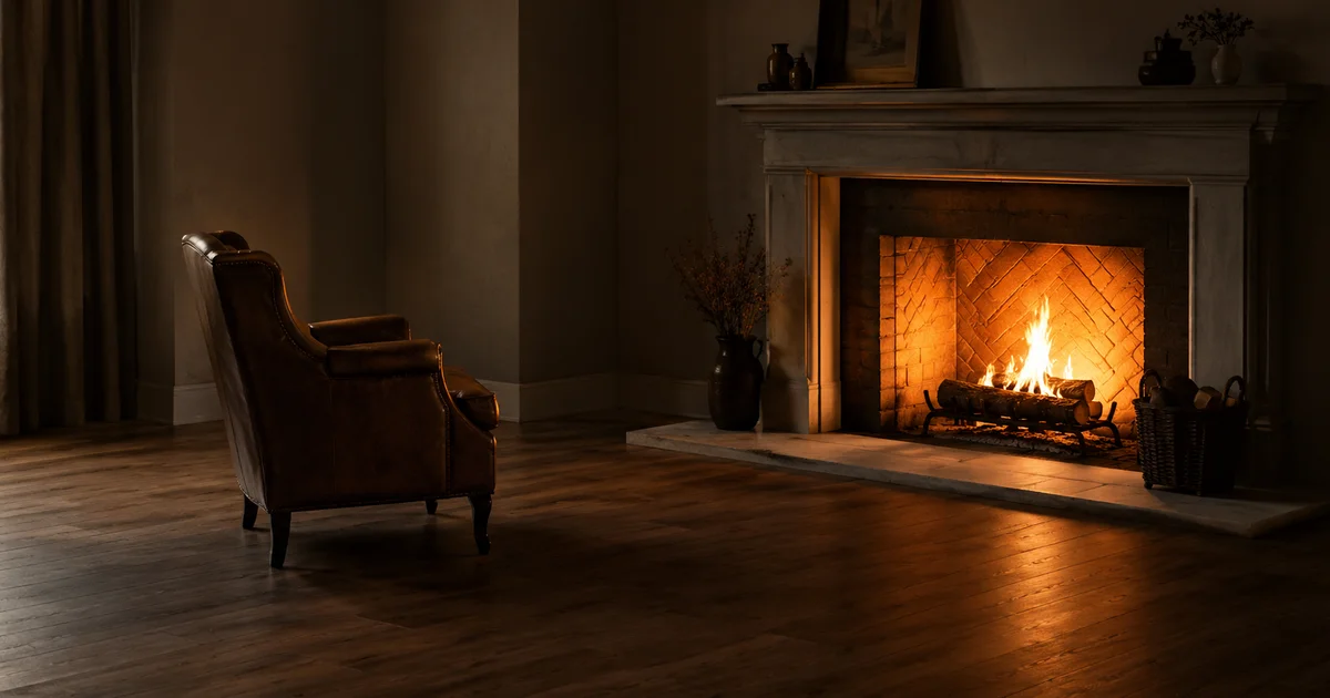 A single armchair positioned several feet back from a lit fireplace, warm glow in an empty room