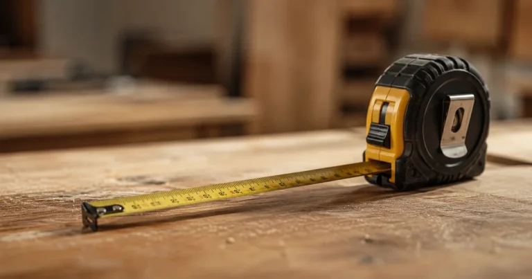 A retractable tape measure extended across a workbench, its blade beginning to retract into the housing