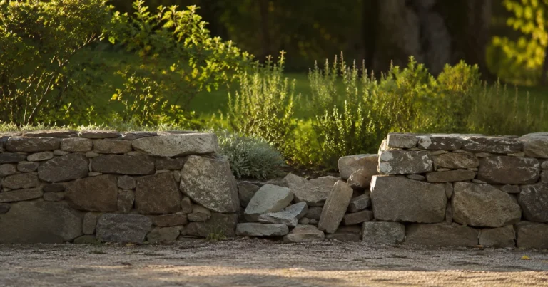 A low garden wall with one section of loose stones set slightly apart, soft afternoon light