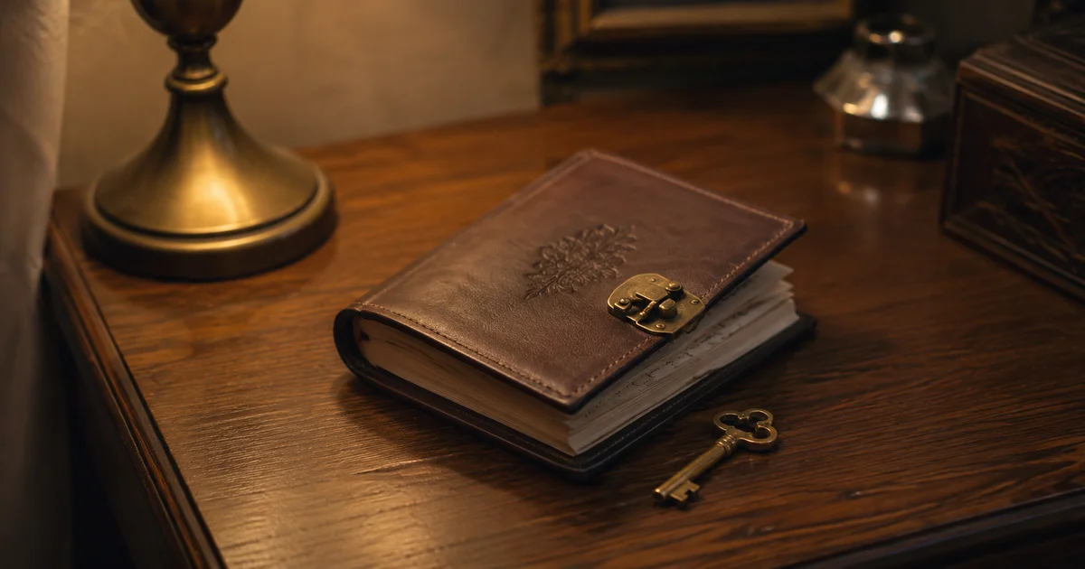 A small diary left slightly open on a nightstand with its brass key resting beside it, warm lamp light