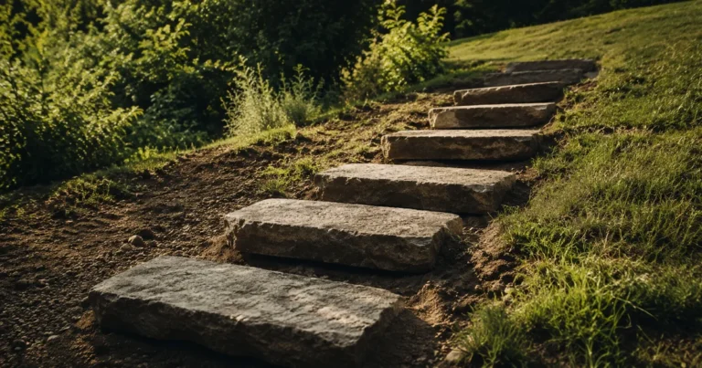 Sturdy stone garden steps being laid one at a time up a gentle grassy slope, the top steps not yet placed