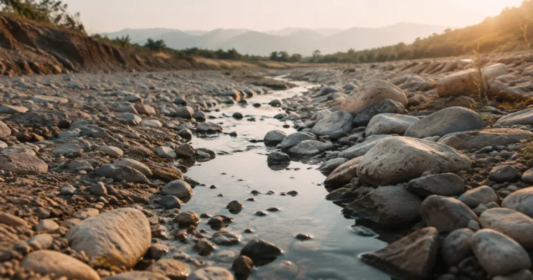 A dry riverbed showing a thin trickle of water returning after a long drought, smooth stones along the banks