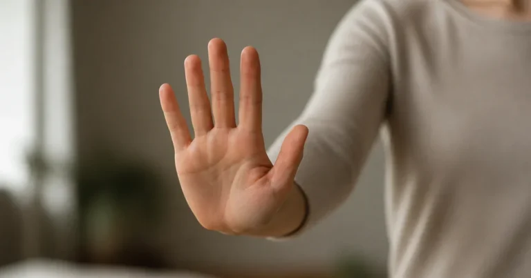 A hand extended gently outward in a calm stop gesture, arm softly blurred into a muted neutral background