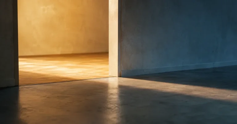 A softly lit threshold between two rooms, warm light and shadow spilling across the line into a cooler room beyond