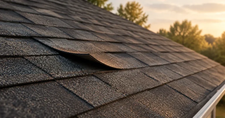 A single loose roof shingle lifted slightly by the wind, the rest of the roof secure and undisturbed