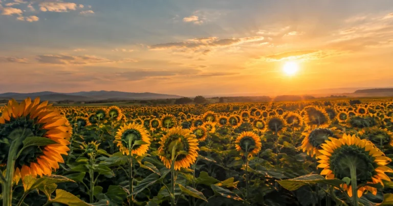 A sunflower field with every flower turned to track a single point of light in the sky