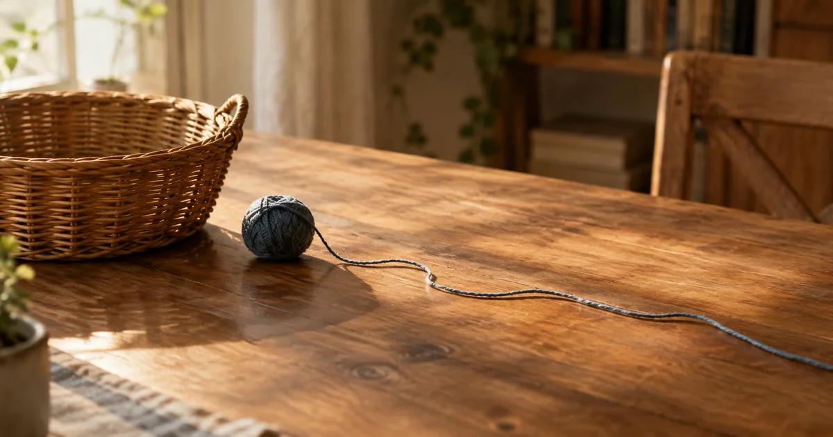 A small, visibly diminished ball of yarn beside an empty basket, its thread trailing far across the table