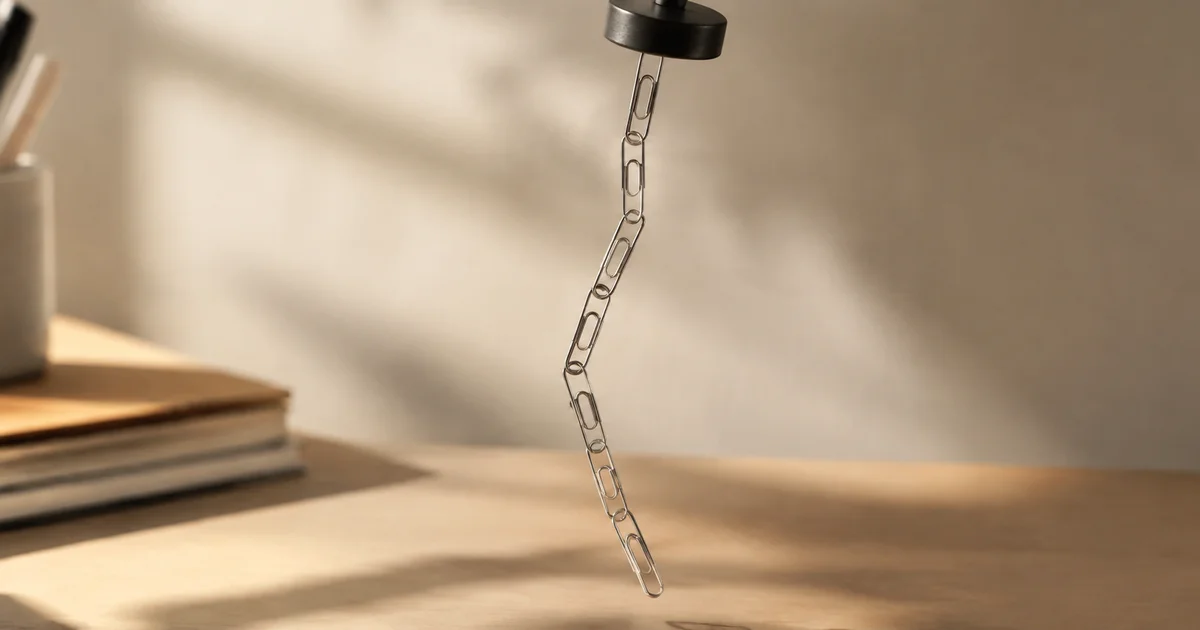 A magnet holding a long chain of paperclips that sways whenever the magnet moves