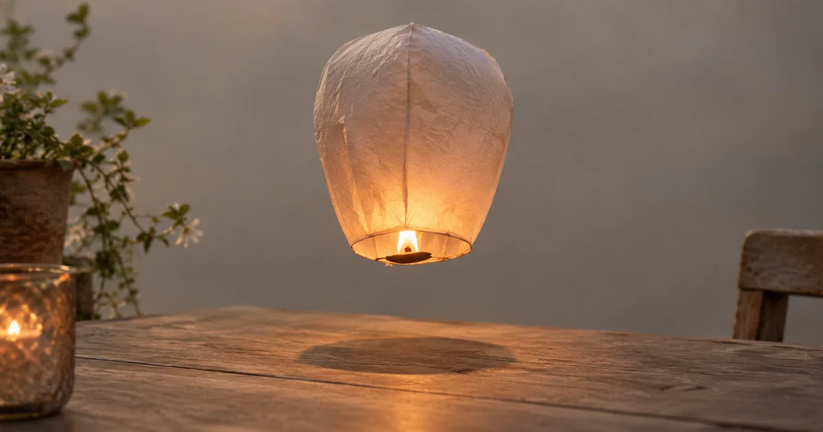 A small paper lantern balloon lifting gently just above a garden table, its shadow still resting directly beneath it