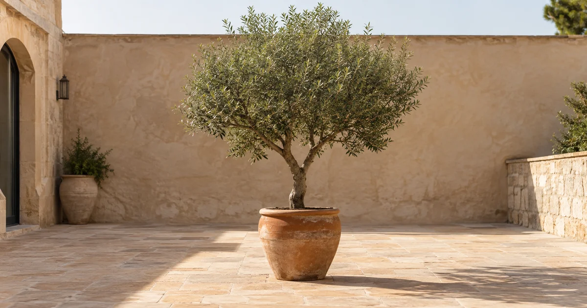 A well-rooted potted tree standing steadily on its own in an otherwise empty sunlit courtyard