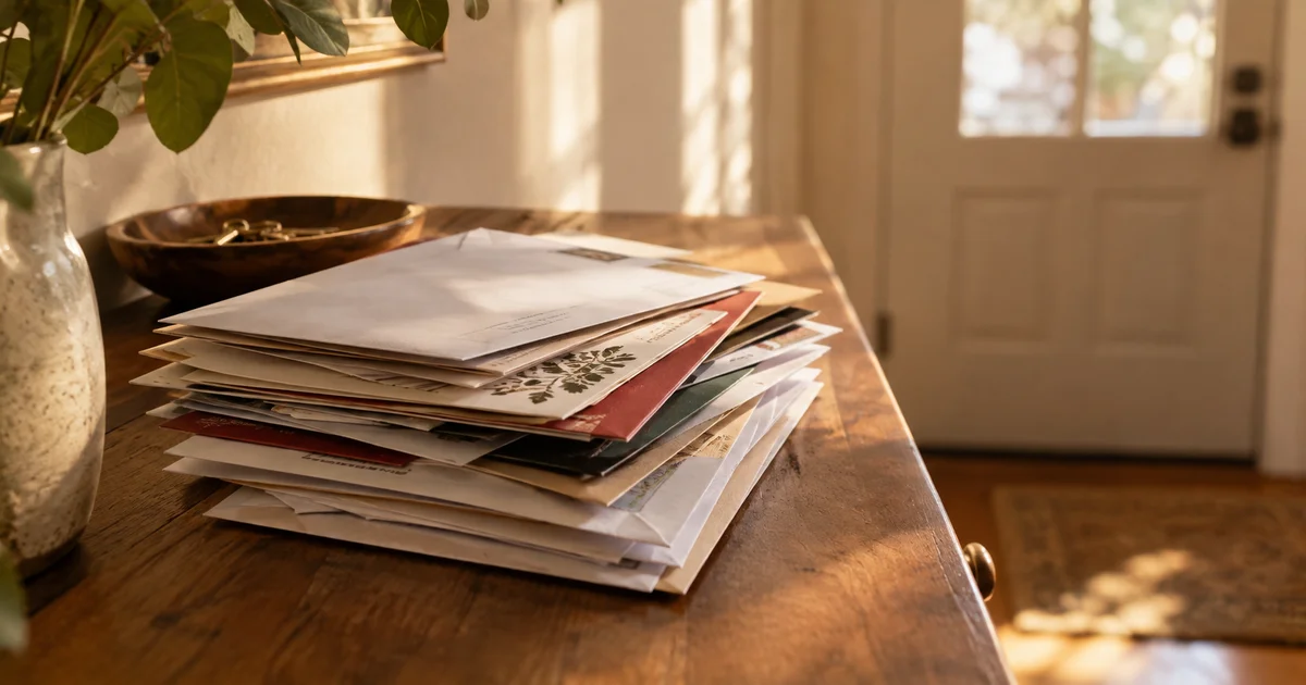 A stack of unread mail and unopened invitations accumulating on a hallway table by the front door