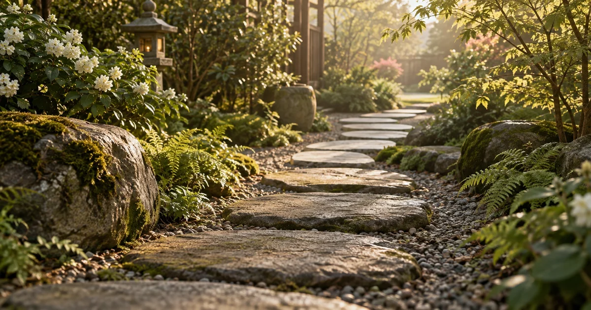 A garden path of stepping stones, the near stones worn smooth from use while the farther ones remain new