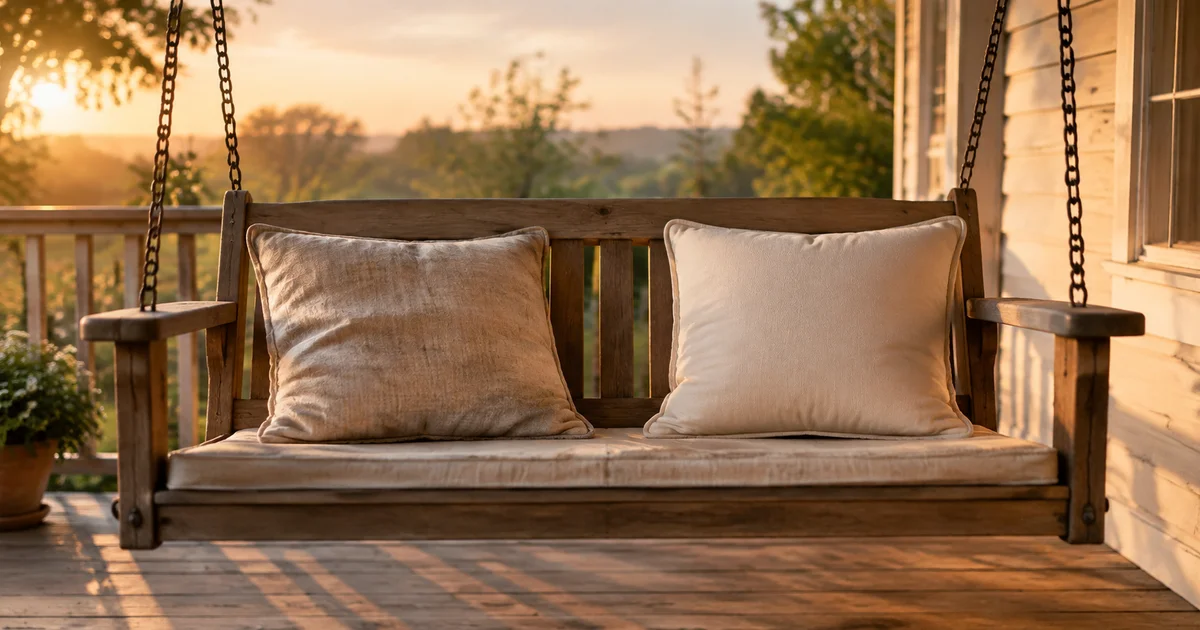 A porch swing with two cushions resting side by side, one worn from regular use and one still fairly new
