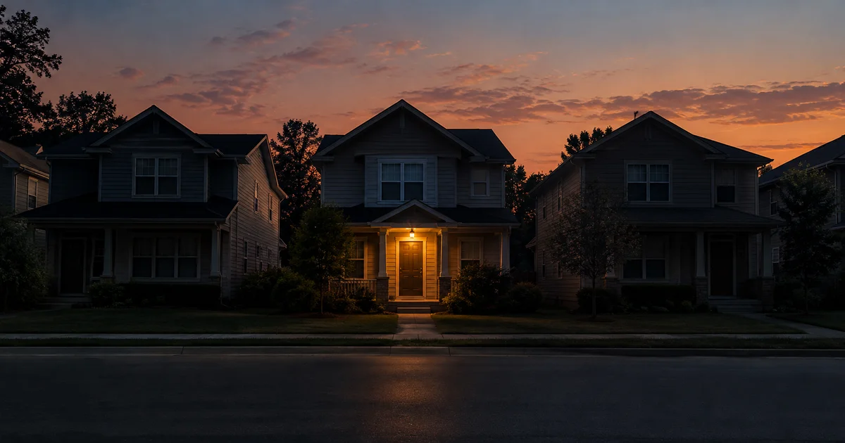A single porch light left on above a closed front door at dusk while every neighboring porch light stays dark
