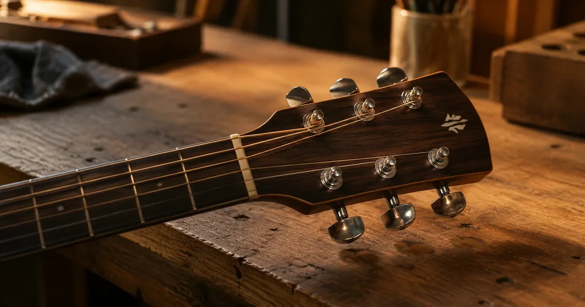 An acoustic guitar's tuning pegs and headstock resting on a wooden workbench, strings newly tuned