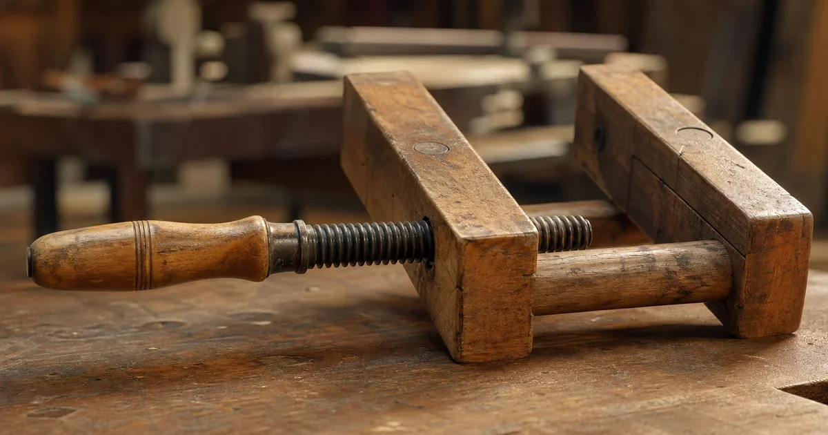 A wooden woodworking clamp on a workbench, slightly loosened from a fully tightened position
