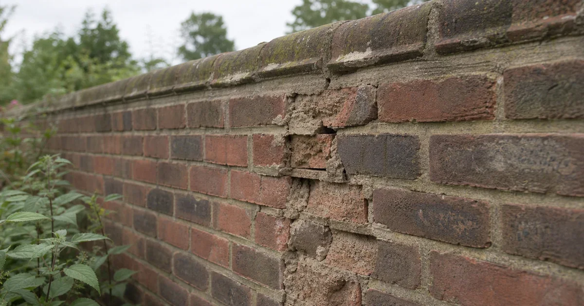 An exterior brick wall with one section of mortar visibly crumbling from years of weather exposure
