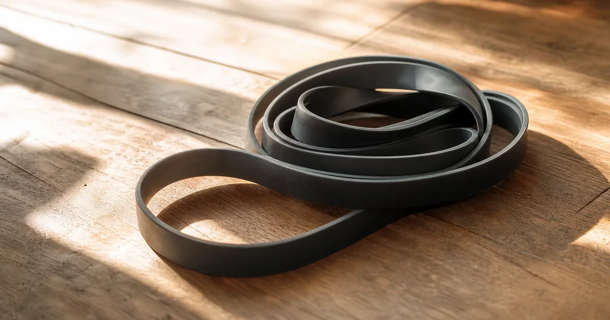 A resistance exercise band, loosely coiled, resting on a wooden floor in soft light