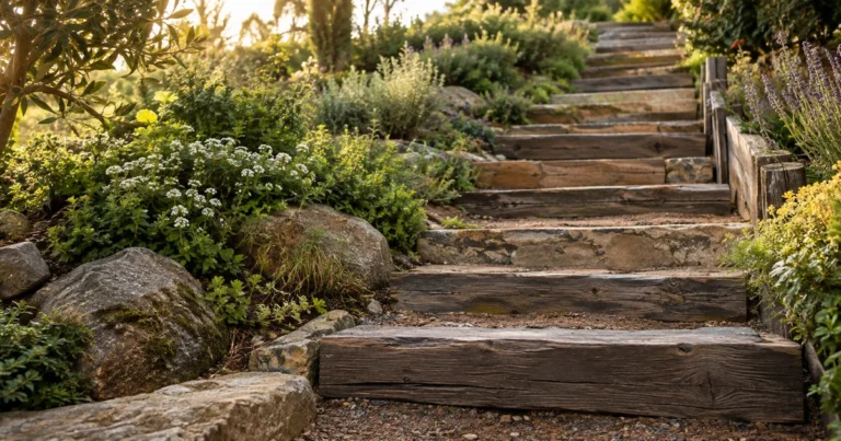 A wooden staircase built into a hillside garden, its steps made of different weathered materials