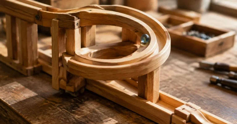 A wooden marble-run track, a marble mid-loop still progressing toward the finish