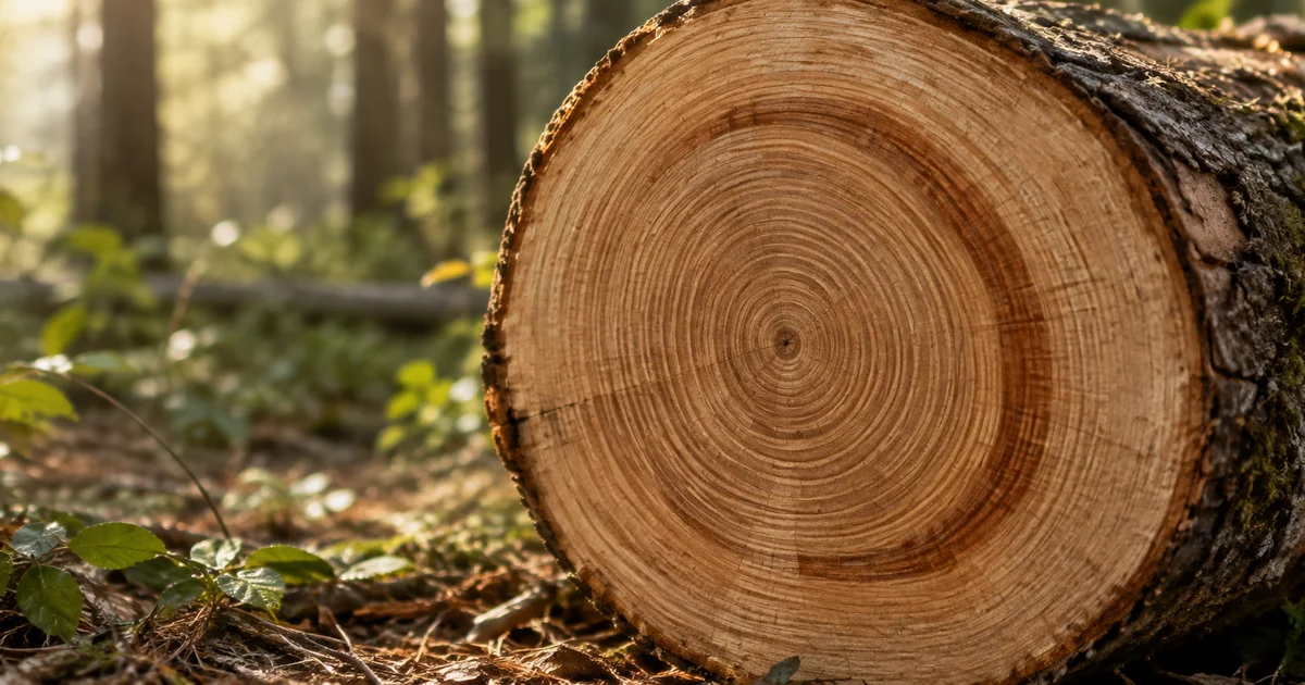 A cross-section of a tree trunk showing growth rings, one ring visibly thicker than the others