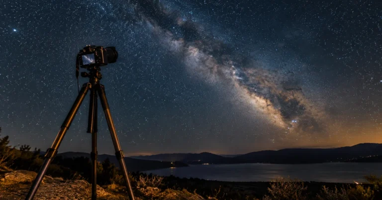 A camera steadily mounted on a tripod, capturing a richly detailed, star-filled night sky