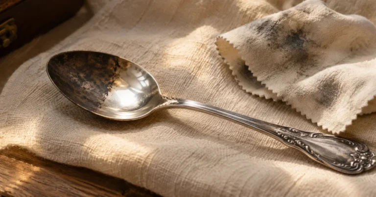 An antique silver spoon half-tarnished and half-polished to a bright shine, a cloth beside it