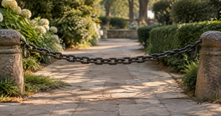 A heavy chain strung between two stone bollards, completely blocking a paved walkway