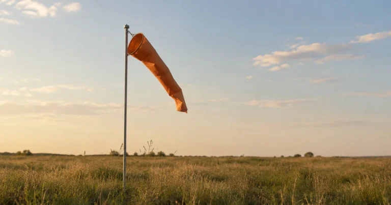 A faded orange windsock on a pole in an open field, half-filled by a light breeze under a pale sky.