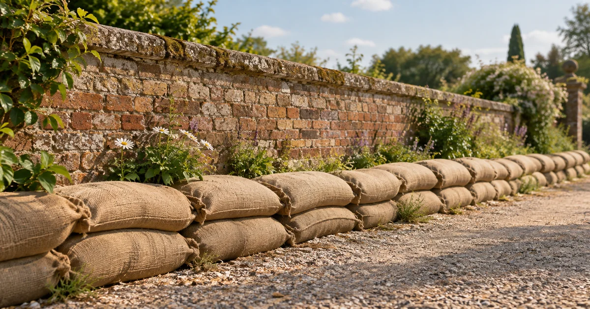 A neat row of sandbags along a low brick garden wall on a dry, sunny day, with small plants growing between them.