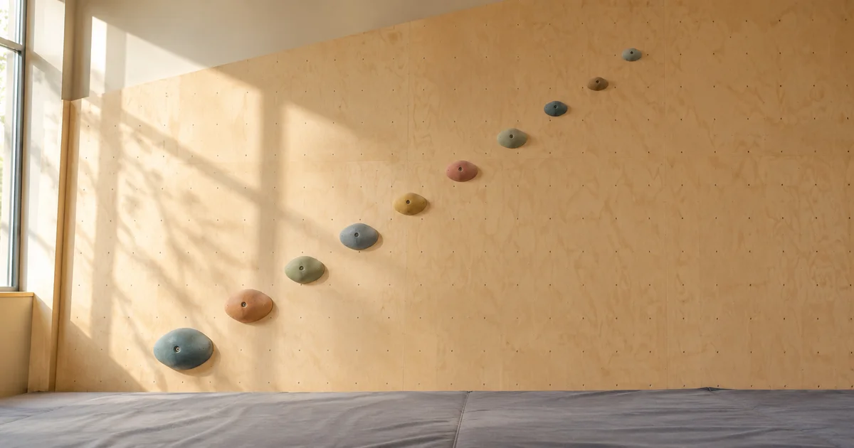 A plain indoor climbing wall with rounded handholds rising in a gradual diagonal line above a padded floor mat.