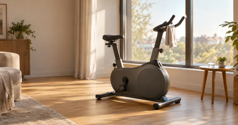 A plain stationary exercise bike beside a tall window in a bright living room, a towel folded over the handlebars.