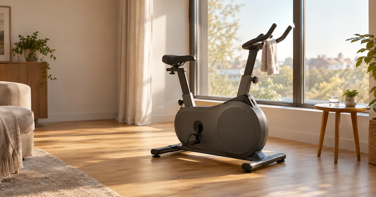 A plain stationary exercise bike beside a tall window in a bright living room, a towel folded over the handlebars.