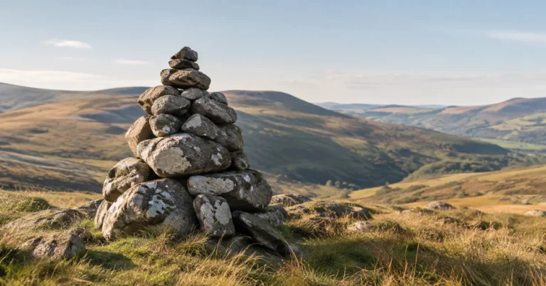 A sturdy cairn of rough, irregular fieldstones stacked on an open grassy hillside under a pale, clear sky.